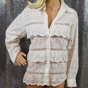 White Eyelet Cutout Button Up Blouse